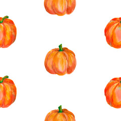 Pumpkin. Watercolor seamless pattern with bright orange pumpkins isolated on white. For seasonal packaging, wrapping paper, poster, fabric print, banner, scrapbook, postcards, fall design, farm market