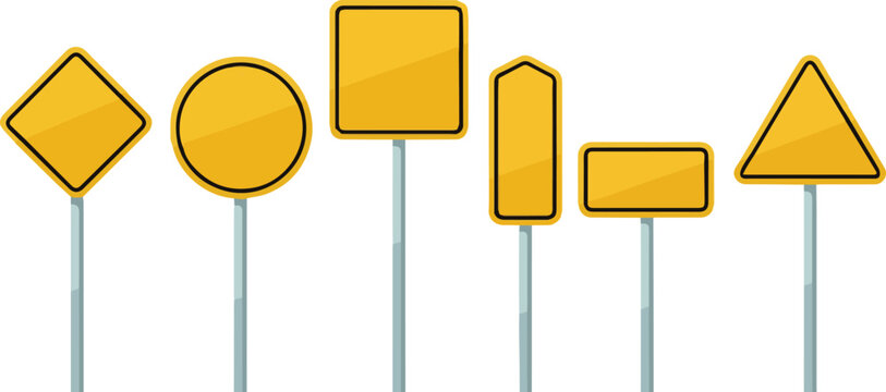 Collection of blank yellow traffic signs in various shapes on poles