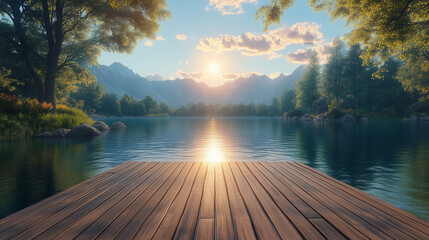Natural wooden pier extending into peaceful reflective lake, thick tree line, summer mist, and distant blue hills under soft clouds