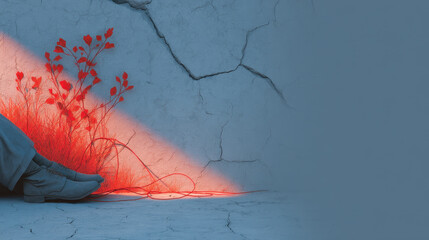 Person lying in a desert with wires linked to adrenal glands, representing hormonal burnout and fatigue in a barren landscape