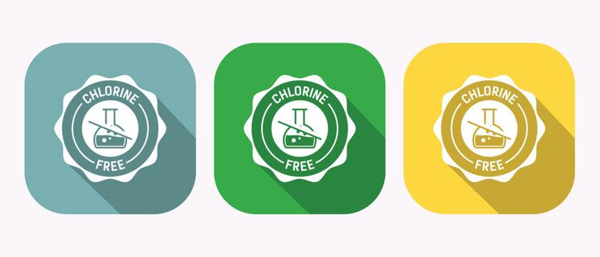 Chlorine-Free Product Label. Green, Teal, and Yellow Square Icons with Long Shadow.