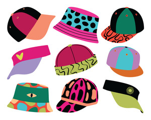 Colorful Modern Hat Set Vector Illustration. Modern hats, including caps, bucket hats, and visors. Each hat features unique patterns and vibrant colors. © GORBUSHA
