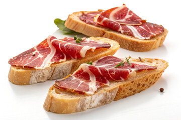 Iberian ham toast on a white background