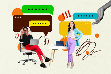 Creative design composite trend artwork collage of young lady sit armchair hold laptop aged woman...