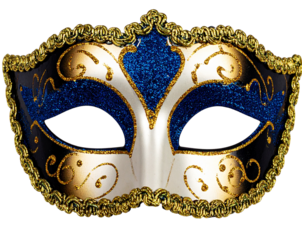 Elegant Blue and Gold Glitter Masquerade Mask with Swirl Details Isolated on Transparent Background PNG