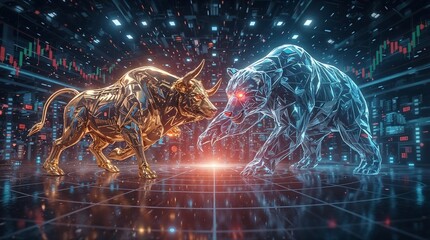 Bitcoin Bull vs. Crypto Bear – Epic Clash in Futuristic Digital Arena (Symbolic Battle of Market Forces)