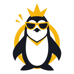 Royal Penguin Mascot: Crowned and Cool Inside a Radiant Yellow Crest