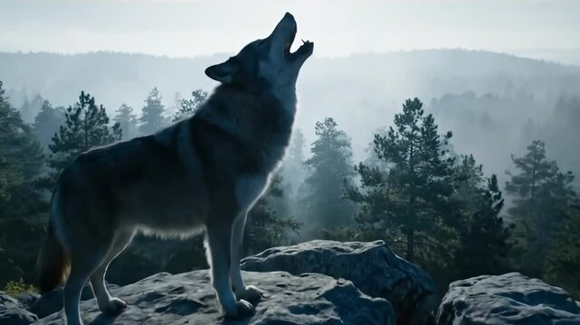 wolf animations - A lone wolf gracefully traverses rocky terrain, surrounded by misty mountains and dense forests, evoking a sense of wilderness and tranquility in nature
