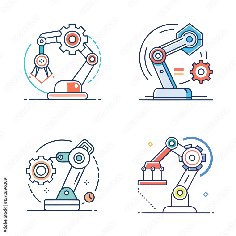 Poster business automation icon – minimalist robot arm and cogwheel symbolizing efficiency