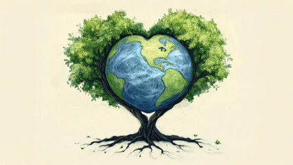 watercolor illustration of a earth in the middle of heart shape tree, idea of earth day, Arbor Day, sustainable green life style