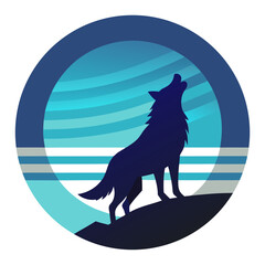 Howling wolf silhouette with glitch effects and moonlit gradients, layered in a circular badge with frosty vector accents.