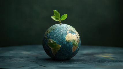 Green Plant Sprouting from Earth sphere, Earth Day and Arbor Day Concept, Sustainable Environment, Eco-Friendly Lifestyle, Climate Change Awareness, Global Warming Prevention, Nature Protection