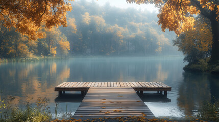 Natural wooden pier extending into peaceful reflective lake, thick tree line, summer mist, and distant blue hills under soft clouds