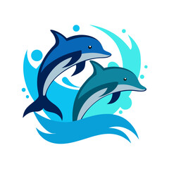 Dolphin duo performing flips with splash effects, placed on a glowing sports banner with dynamic blue gradients.