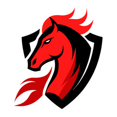 Fierce red horse head with a black mane and fire trail accents, positioned in a dynamic shield-shaped vector emblem.