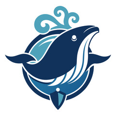 Massive stylized whale with tribal wave details and water jets, forming a cool-toned aquatic crest for vector branding.
