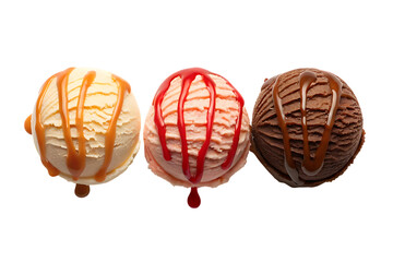 Three flavored ice cream scoops with syrup toppings on transparent background