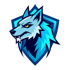 Snarling icy wolf in profile with glowing blue fur and a clean crest layout for high-impact esports logos.