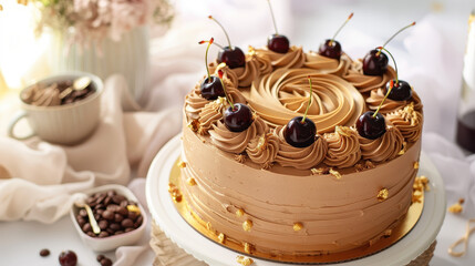Delectable Chocolate Cherry Cake: A mouthwatering close-up of a meticulously crafted chocolate cake, adorned with luscious chocolate frosting and juicy cherries, offering a symphony of flavors.