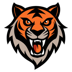 Fierce tiger head mascot roaring with open mouth and sharp teeth
