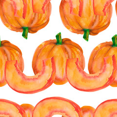 Pumpkin. Watercolor seamless pattern with bright orange pumpkins isolated on white. For seasonal packaging, wrapping paper, poster, fabric print, banner, scrapbook, postcards, fall design, farm market