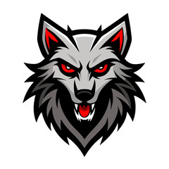 Fierce wolf head mascot with glowing red eyes and bared teeth