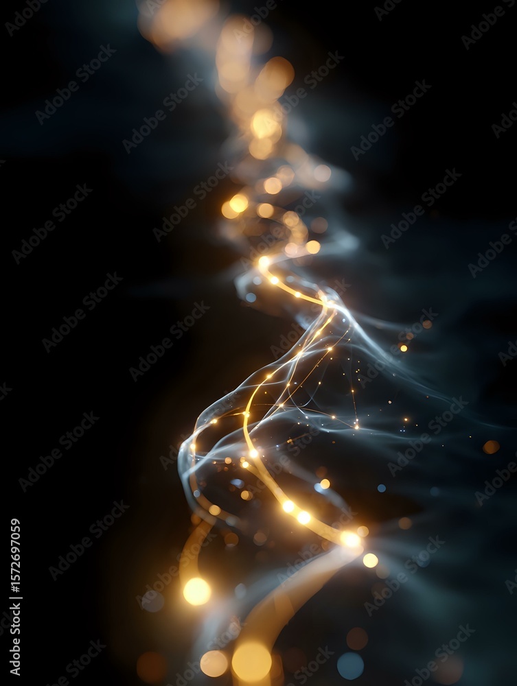 Poster glowing golden and white light streams swirl against dark background creating magical ethereal effec