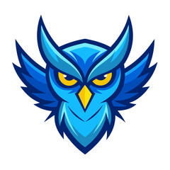 Aggressive blue owl mascot with sharp eyes and wings spread wide