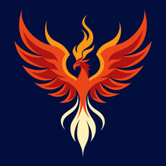 Stylized fiery phoenix with spread wings against a dark blue background