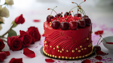 Sweet Symphony: A delectable red cake adorned with fresh cherries and roses, creating a visual and gastronomical celebration.