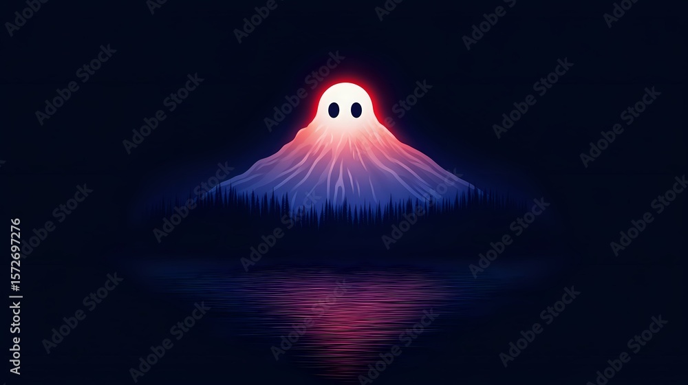 Aufkleber glowing mountain peak with cute ghost character emerging from summit reflects in calm water against 