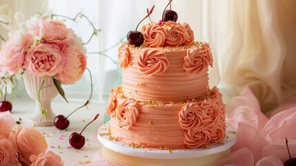 Sweet Delight: An elegant two-tiered cake, adorned with swirls of creamy frosting, sits on a pristine surface beside a delicate vase filled with flowers, creating a picture of sweet indulgence.