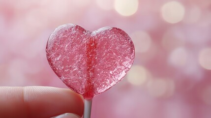 Pink heart-shaped lollipop candy held against soft blurred bokeh background with romantic rosy glow, sweet Valentine's Day concept for love and romance.