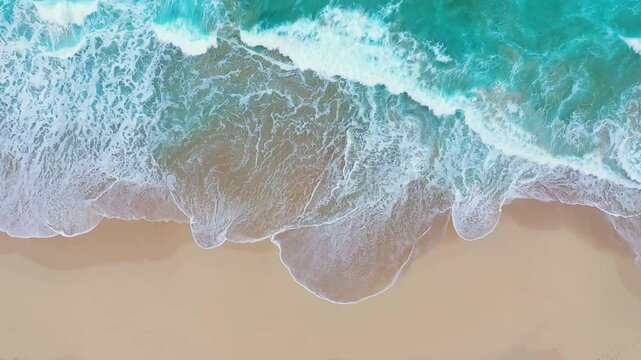 Aerial view turquoise ocean waves crashing sandy beach seashore summer vacation tropical paradise coastal landscape nature beauty vibrant water white foam tranquil scene