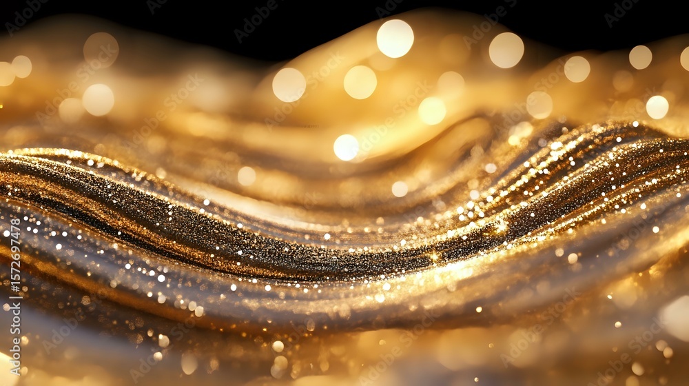Poster abstract golden wave with glitter and bokeh effect on black background, luxury flowing curves with s