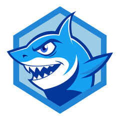 Angry Blue Shark Mascot with Sharp Teeth, Set Inside Hexagonal Badge with Crisp Vector Detailing