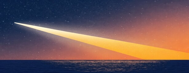 A beam of light shining across the night sky and reflecting on the ocean surface at twilight hour