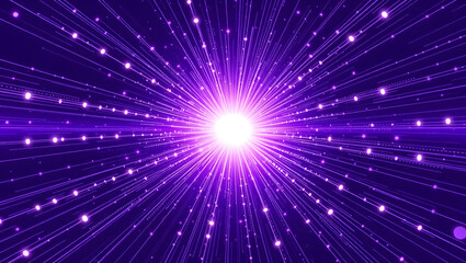 Naklejka premium Radiant Purple Energy Burst: An ethereal burst of purple energy emanates from a central point, streaks of light punctuate the void, conjuring feelings of innovation, and endless expanse.