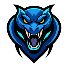 Fierce blue dragon head with sharp teeth and glowing yellow eyes