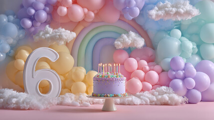 Sweet Sixth Birthday Celebration: A pastel-colored scene, featuring a birthday cake, balloons, and a number six, evokes joy, celebration, and the passage of time.