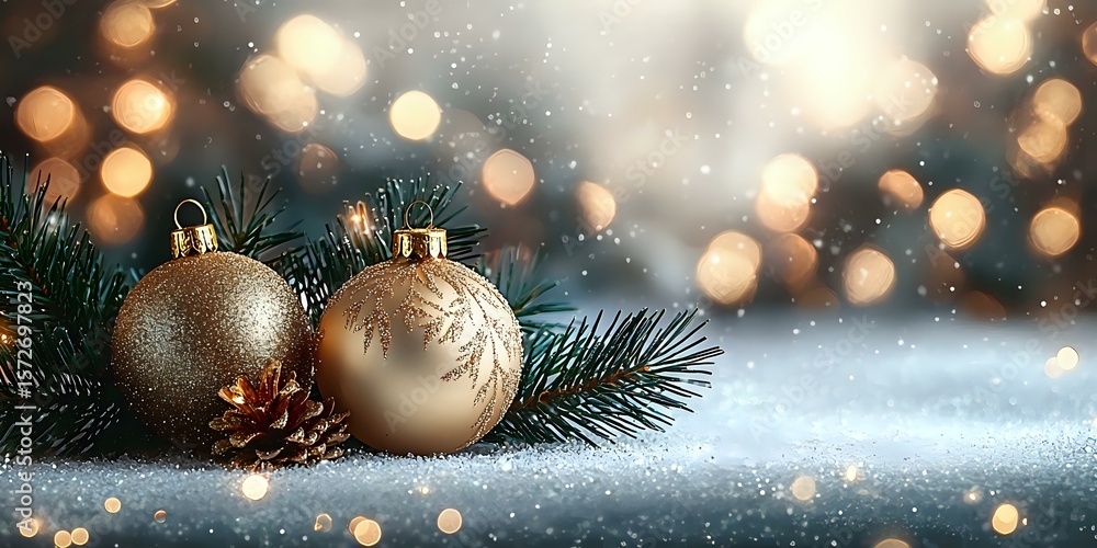 Poster elegant gold and champagne christmas baubles with snowflake patterns on snowy surface against blurre