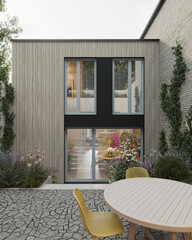 Modern house exterior minimal style with white concrete and light wood.3d rendering