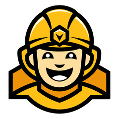 Happy cartoon miner character wearing a yellow hard hat and uniform