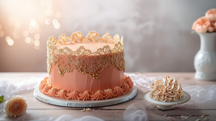 Elegant Cake Display: A beautifully decorated cake, with a soft and inviting design, sits invitingly on a table. Beside it, another small piece awaits. The scene is set with gentle lighting.
