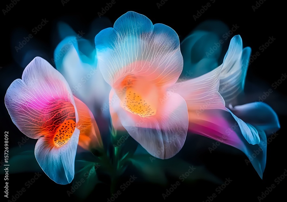 Poster glowing orchids with translucent petals in pink and coral tones against dark background, creating et