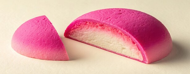 Bright pink makeup sponge cut in half showing white porous interior on a light background