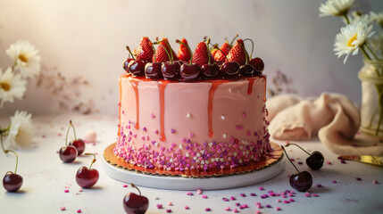 Berry Bliss Cake Delight: A stunning, artistic pink cake, lavishly adorned with fresh strawberries and cherries, standing as a testament to the art of baking and the allure of delightful desserts.