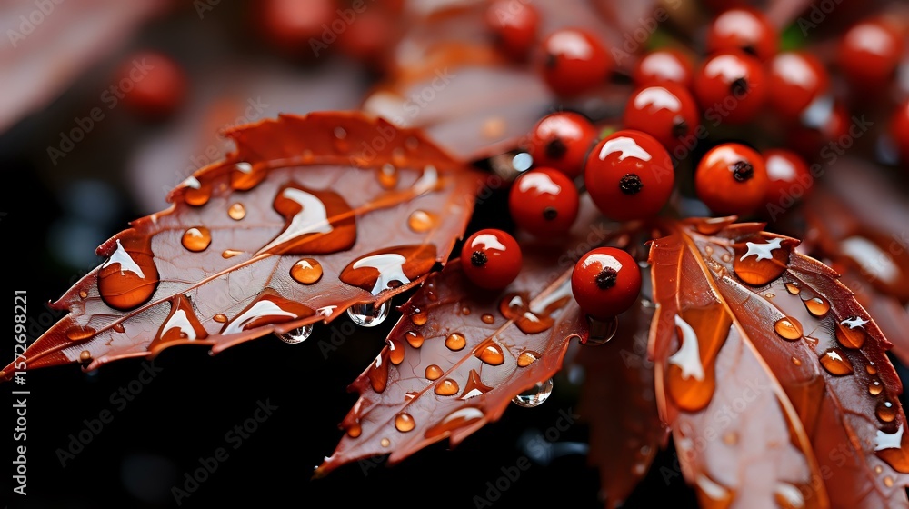 Poster red autumn leaves with water droplets and bright rowan berries creating seasonal nature composition,