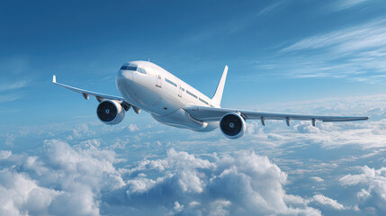  Soaring Above the Clouds: An airplane cuts through the vibrant blue sky, gliding serenely above a sea of fluffy white clouds, inviting the viewer to a journey of discovery and travel.