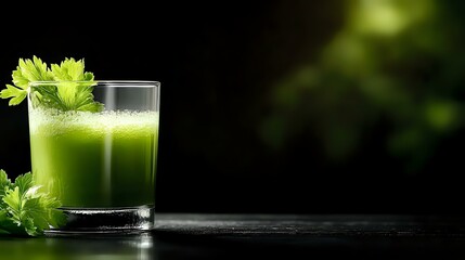 Fresh green celery juice in glass with natural garnish on dark background with copy space, healthy detox drink for wellness and diet.